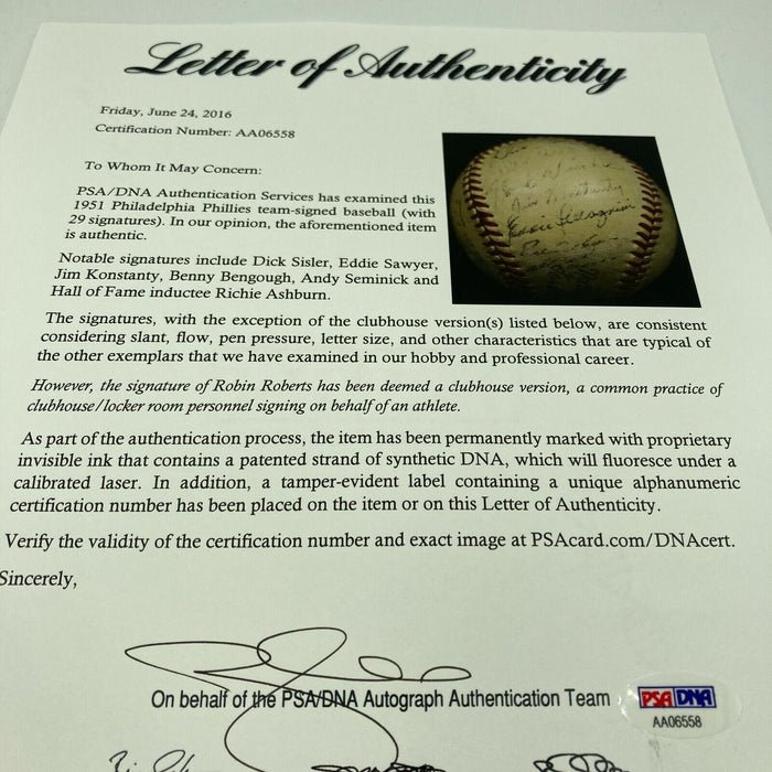 1951 Philadelphia Phillies "Whiz Kids" Team Signed NL Baseball PSA DNA COA