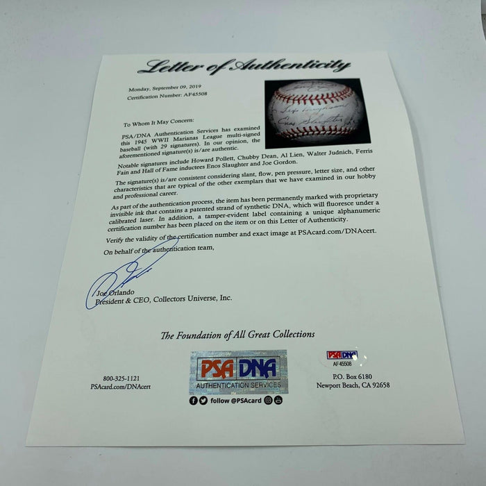 1945 World War II "Marianas League" Signed Baseball Enos Slaughter PSA DNA