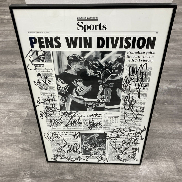 1990-91 Stanley Cup Champion Pittsburgh Penguins Team Signed Newspaper Photo JSA