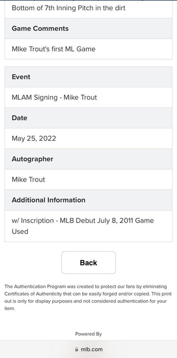 Mike Trout MLB Debut Game Used Signed Inscribed Baseball 7-8-2011 MLB Authentic