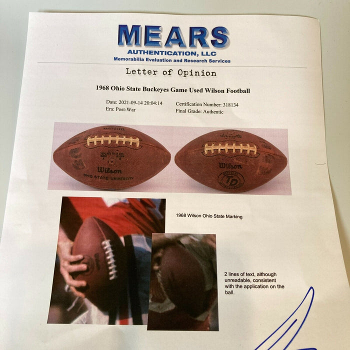 1968 Ohio State Buckeyes National Champions Game Used Football Mears COA