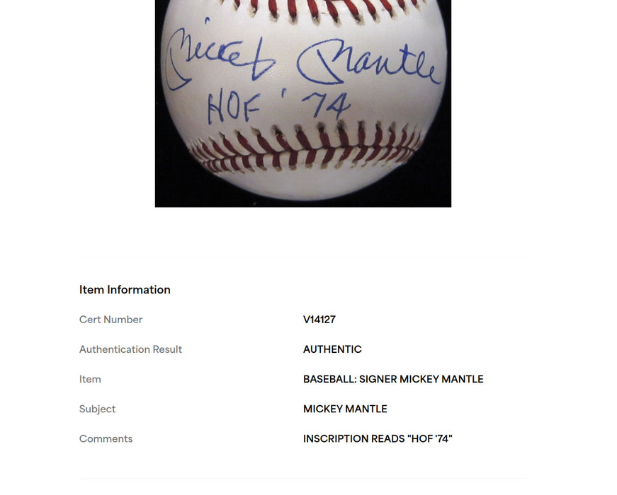 Mickey Mantle Hall Of Fame HOF 1974 Signed Baseball PSA DNA