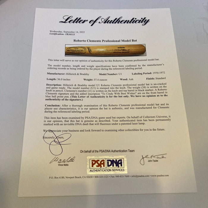 Roberto Clemente Signed 1971 Game Issued Baseball Bat PSA DNA & JSA COA