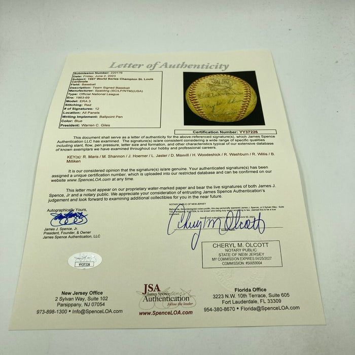 1967 St. Louis Cardinals World Series Champs Team Signed Baseball JSA COA