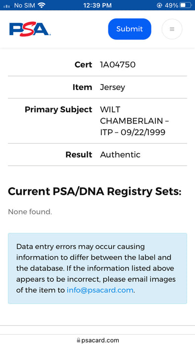 Wilt Chamberlain "100 Point Game 3/2/1962" Signed Inscribed Jersey PSA DNA COA