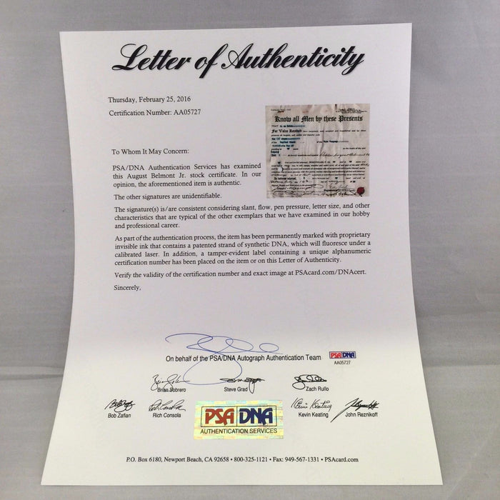 Rare 1923 August Belmont Jr. Signed Stock Certificate Belmont Stakes PSA DNA COA