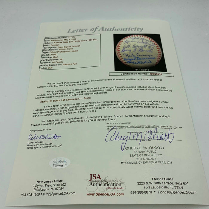 Barry Bonds Pre Rookie 1984 Arizona State Sun Devils Team Signed Baseball JSA