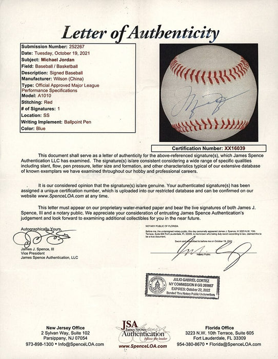 Michael Jordan Signed Baseball UDA Upper Deck Hologram & JSA COA