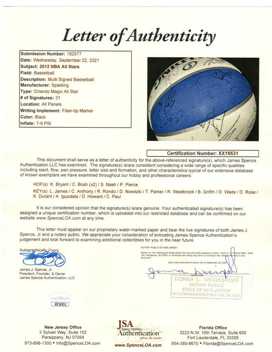 Kobe Bryant LeBron James 2012 All Star Game Signed Basketball 31 Sigs JSA COA