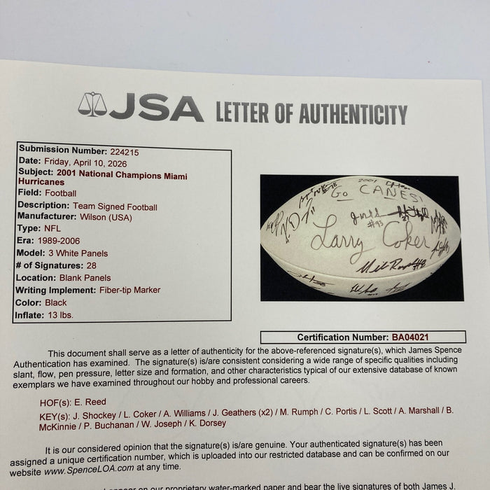 2001 Miami Hurricanes NCAA National Champions Team Signed Football JSA COA