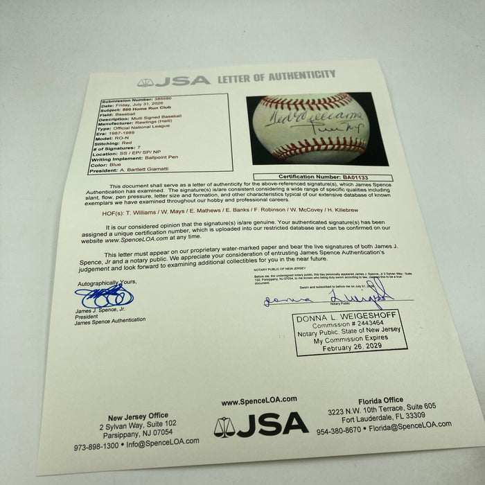 500 Home Run Club Multi Signed Baseball Ted Williams Willie Mays JSA COA