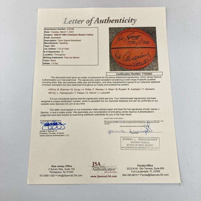 1956-1957 Boston Celtics  NBA Champs Team Signed Basketball JSA COA