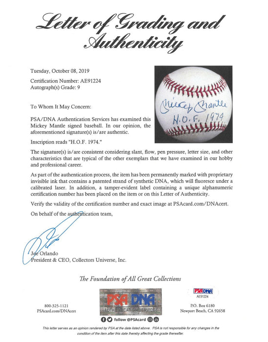 Mickey Mantle Hall Of Fame 1974 Signed Baseball PSA DNA Graded 9 MINT Auto