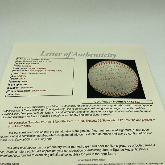 Nap Rucker Single Signed Heavily Inscribed STAT Baseball No Hitter JSA COA