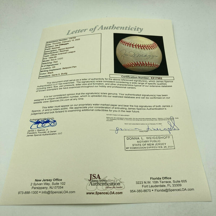 Nice Joe Dimaggio Signed Official American League Baseball JSA COA