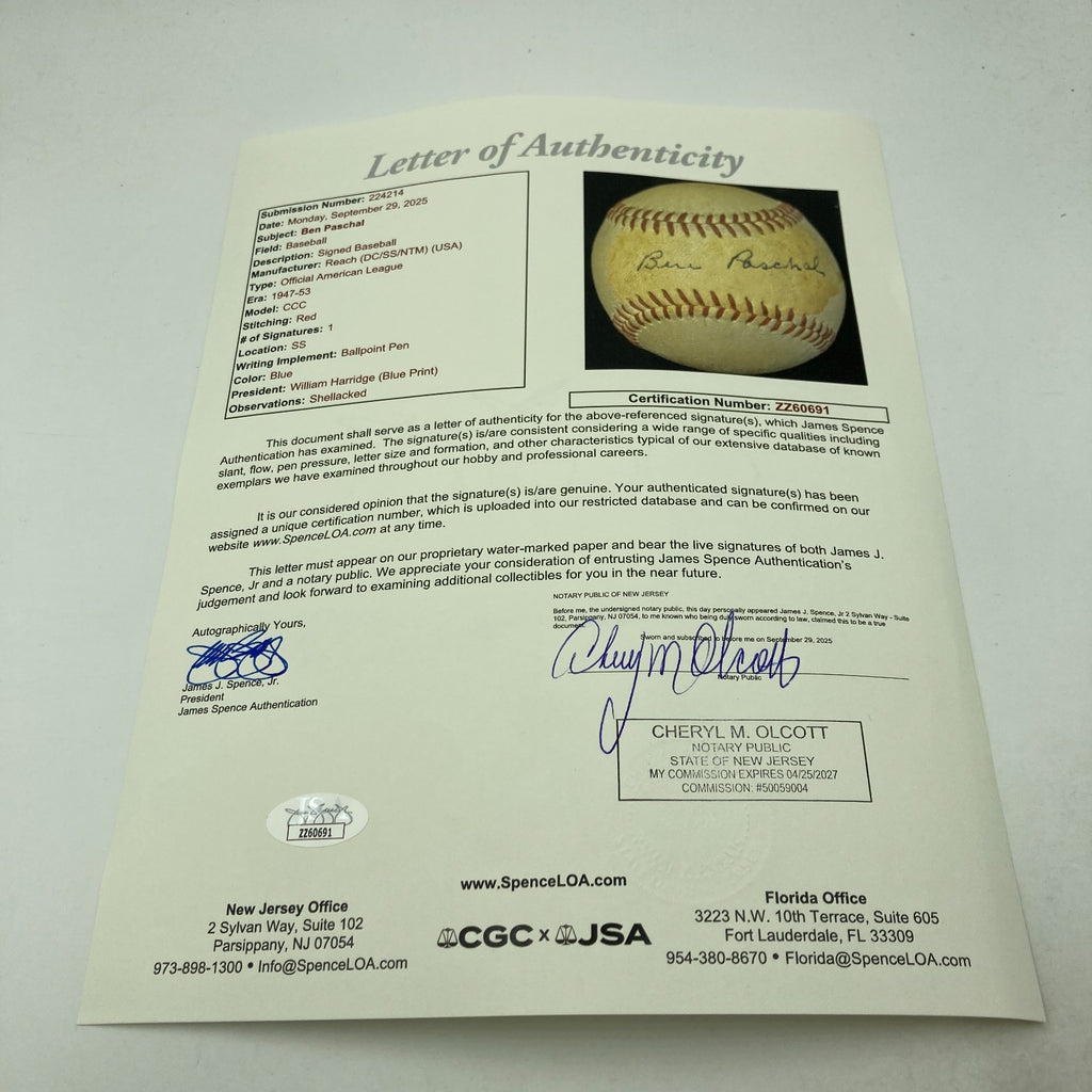 Ben Paschal Single Signed Baseball 1927 Yankees The Only One Known JSA ...