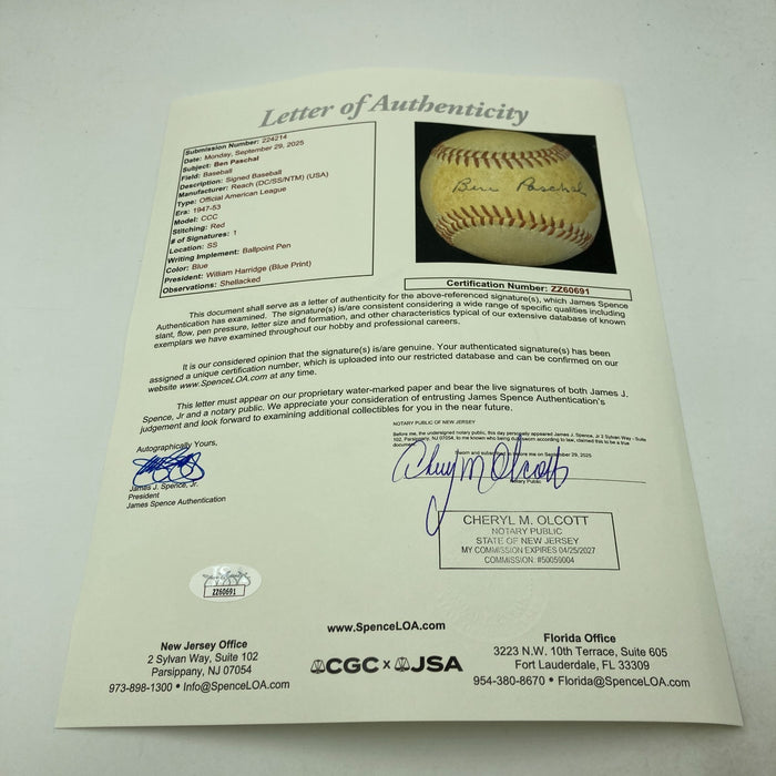 Ben Paschal Single Signed Baseball 1927 Yankees The Only One Known JSA COA