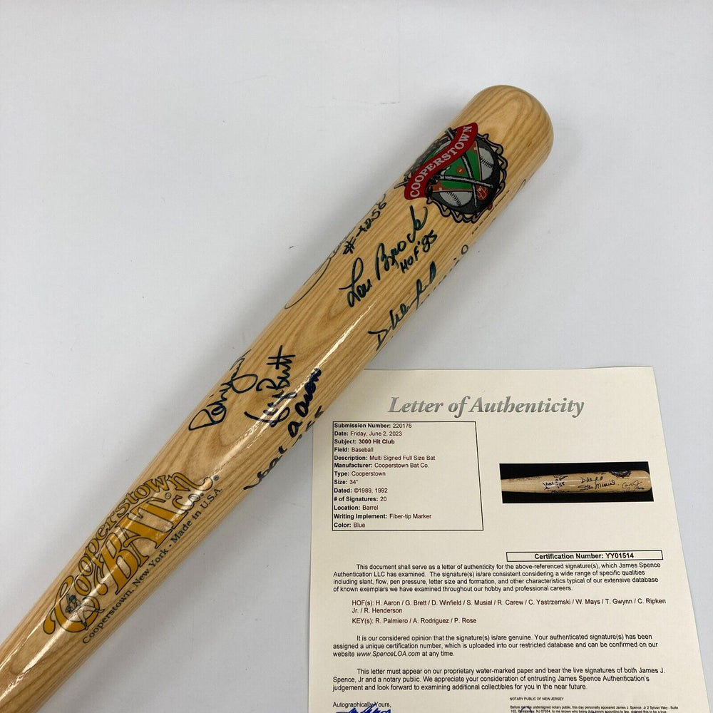 The Finest 3,000 Hit Club Signed Bat 20 Sigs! Willie Mays Hank Aaron JSA COA