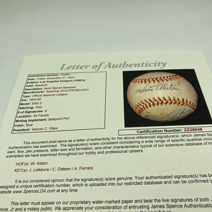 Walt Alston Signed 1960's Game Used Official National League Baseball JSA COA