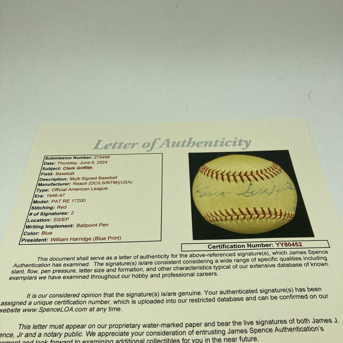 Clark Griffith Signed 1940's American League Harridge Baseball JSA COA