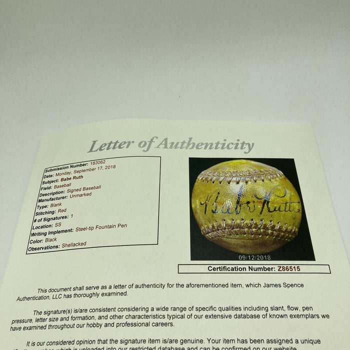 Babe Ruth Single Signed Baseball Bold Mint Auto JSA COA