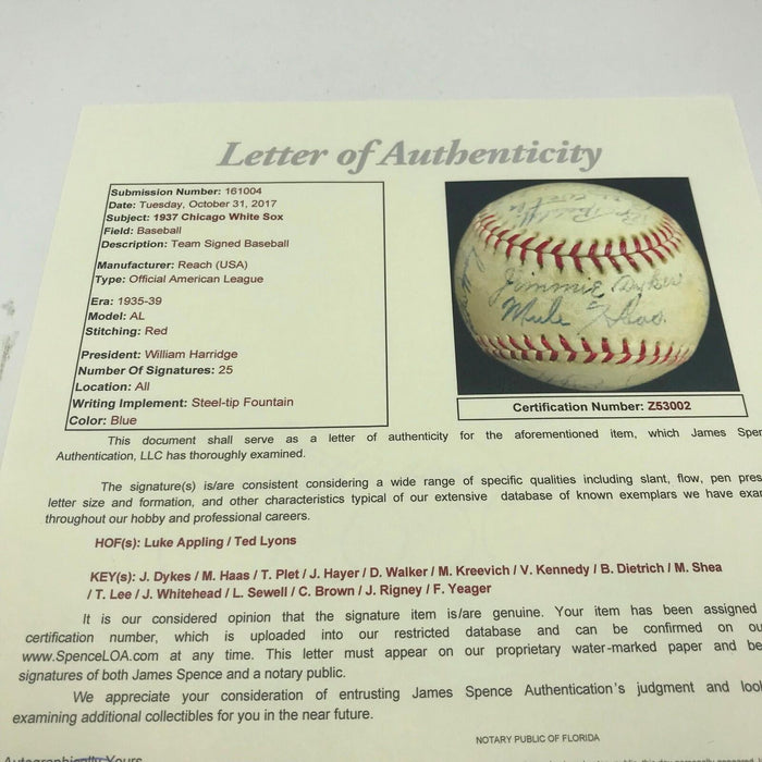 Beautiful 1937 Chicago White Sox Team Signed American League Baseball JSA COA
