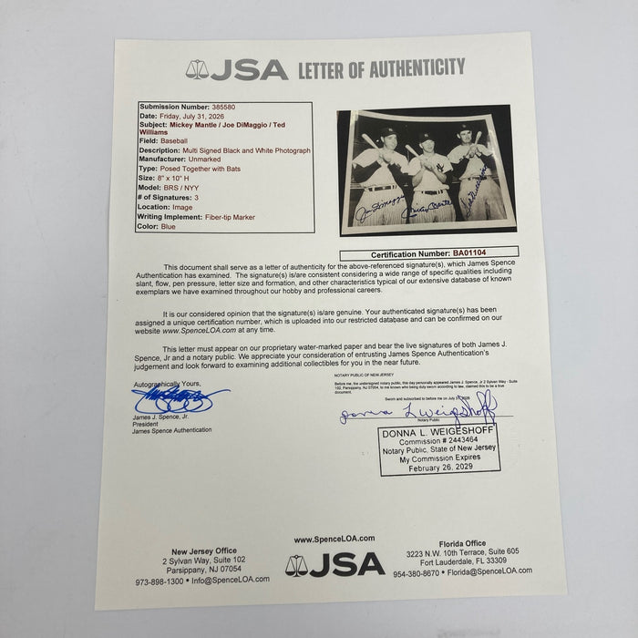 Mickey Mantle Joe Dimaggio Ted Williams Signed 8x10 Photo JSA COA Bold Mint Auto
