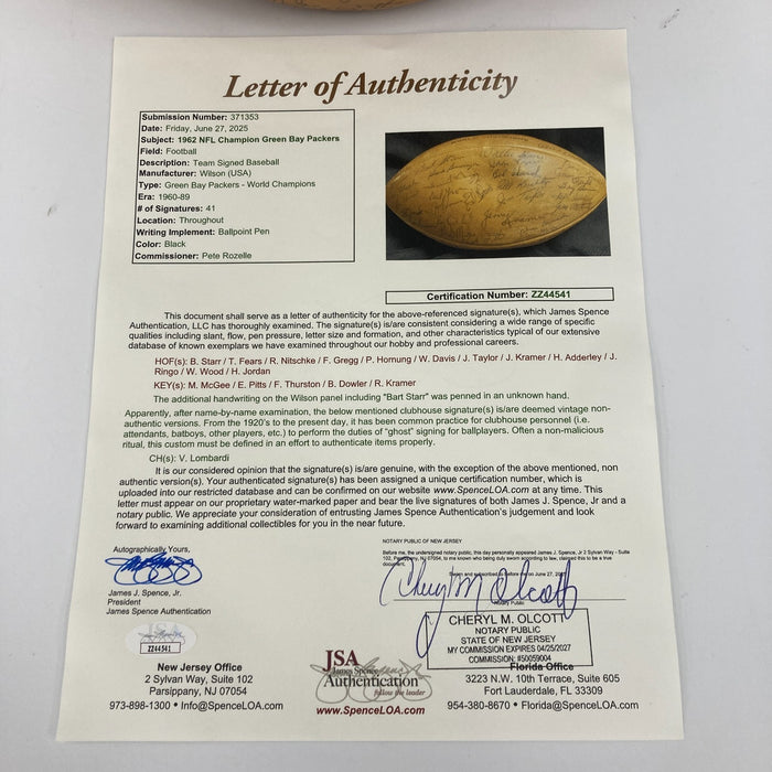 1962 Green Bay Packers NFL Champs Team Signed Football JSA COA