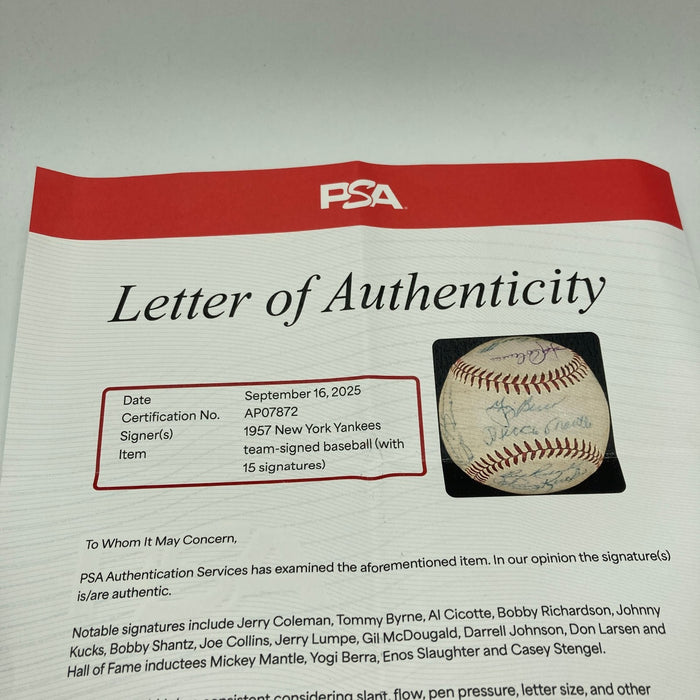 1957 New York Yankees AL Champs Team Signed Baseball Mickey Mantle PSA DNA COA