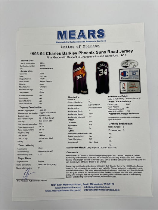 Charles Barkley 1992-93 Signed Game Used Phoenix Suns Champion Jersey MEARS A10