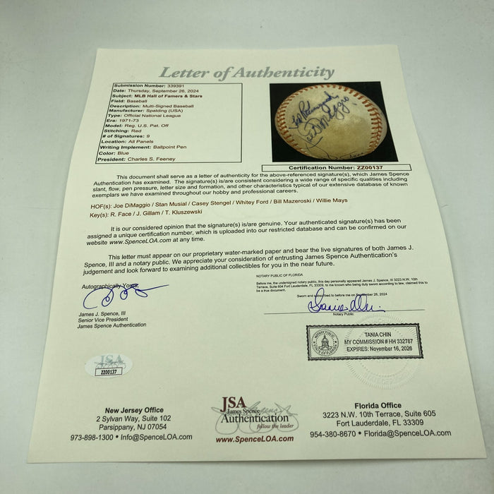 Joe Dimaggio Willie Mays Stan Musial Casey Stengel Multi Signed Baseball JSA COA