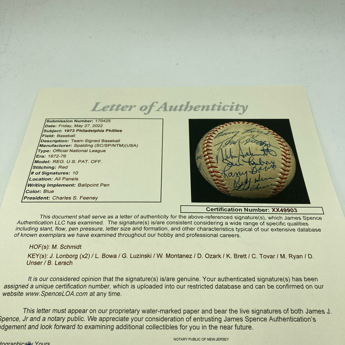 Beautiful 1973 Philadelphia Phillies Team Signed Baseball Mike Schmidt JSA COA