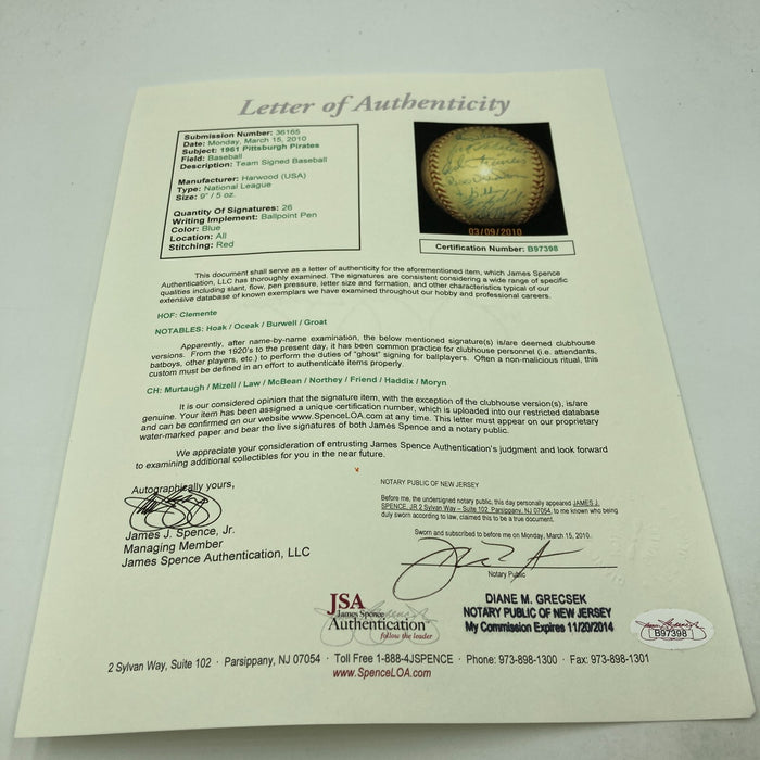 Roberto Clemente 1961 Pittsburgh Pirates Team Signed Baseball JSA COA
