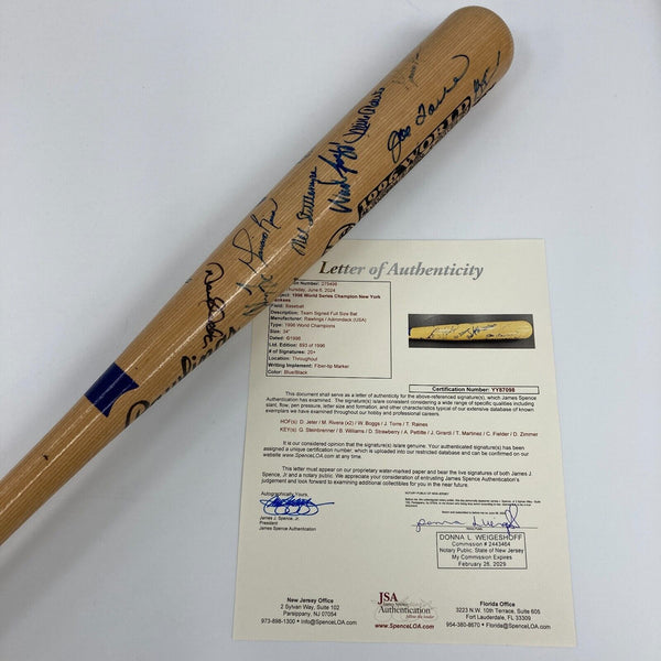 1996 New York Yankees World Series Champs Team Signed Bat Derek Jeter JSA COA