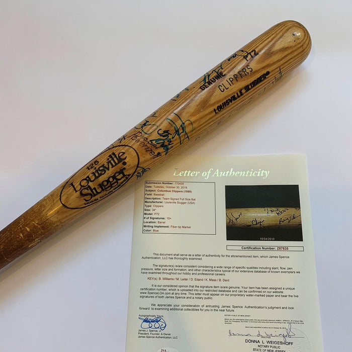 Bernie Williams Rookie 1989 Columbus Clippers Yankees Team Signed Game Bat JSA