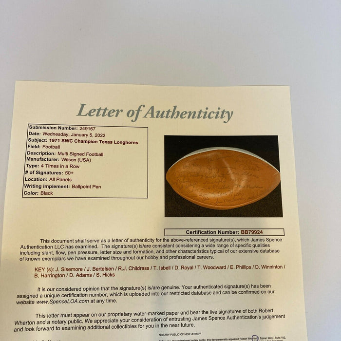 1971 Texas Longhorns SWC Champions Team Signed Football 50+ Sigs JSA COA