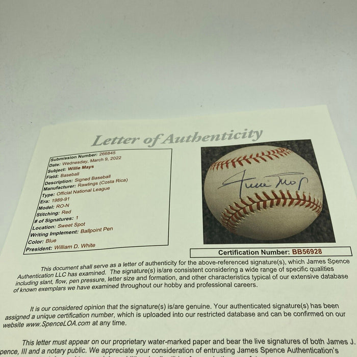 Nice Willie Mays Signed Official National League Baseball JSA COA