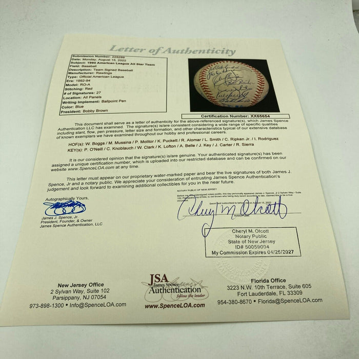 1994 All Star Game Team Signed Baseball Cal Ripken Jr. Kirby Puckett JSA COA