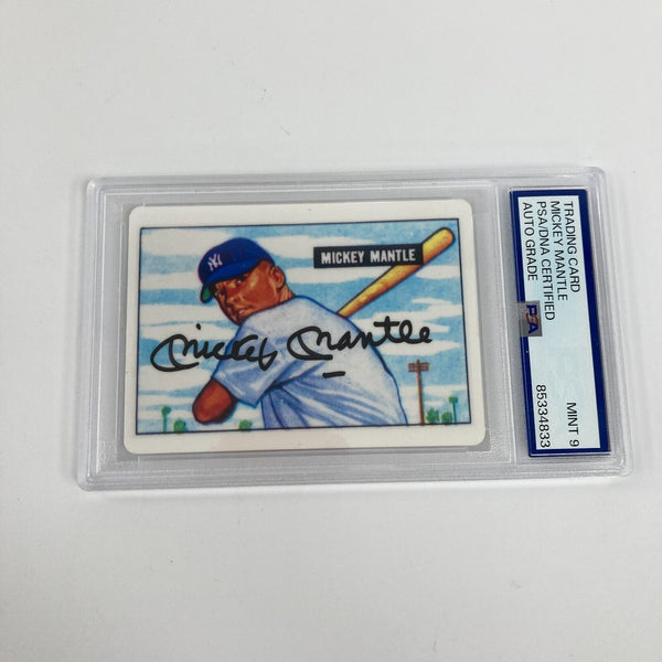 what is a grade 9 baseball card 1951 Bowman Mickey Mantle Signed Porcelain Baseball Card RC PSA DNA 9 — Showpieces Sports