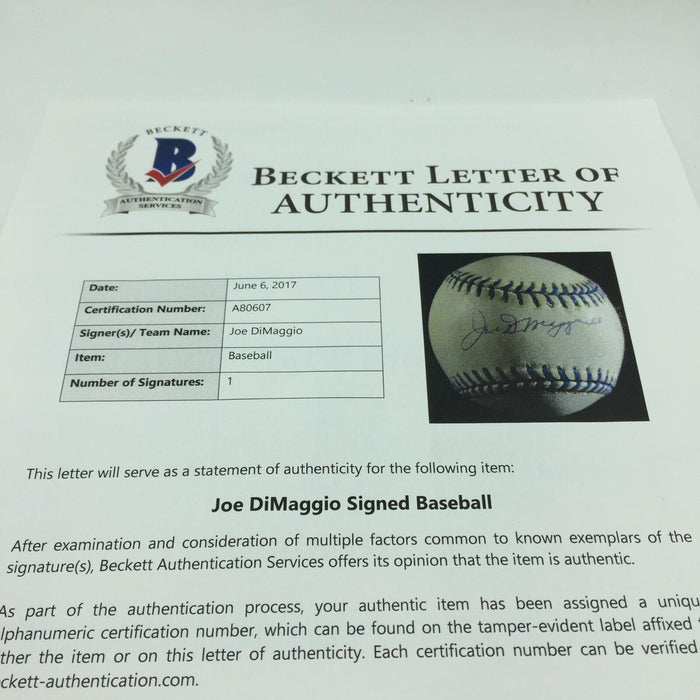 RARE Joe Dimaggio "Death Bed" Signed 1998 Joe Dimaggio Day Baseball Beckett JSA.