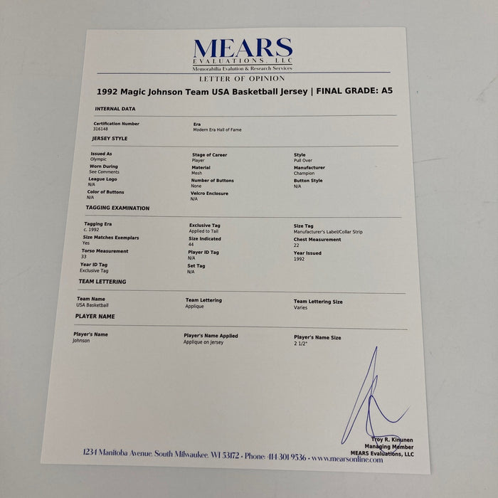 1992 Magic Johnson Signed Game Used Team USA Olympics Jersey MEARS COA