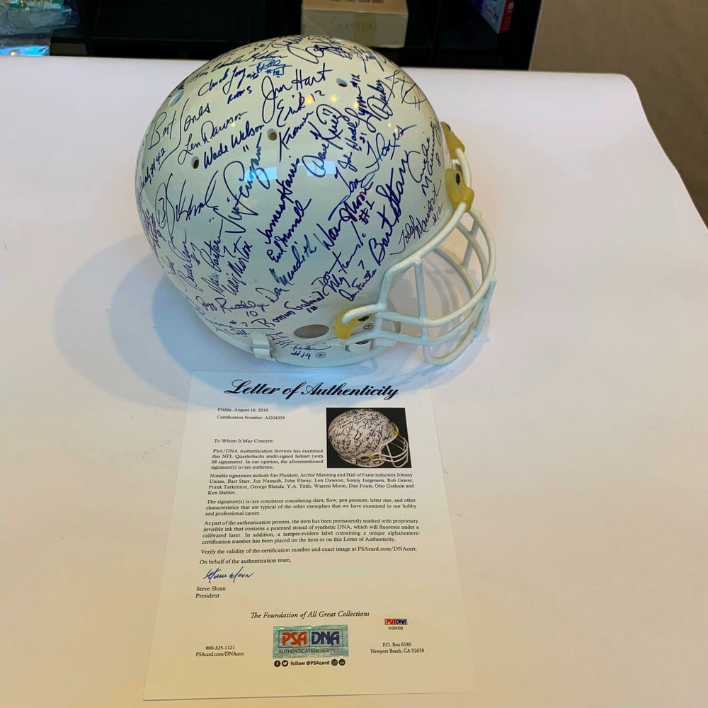 The Finest Quarterbacks Signed Helmet 68 Sigs Johnny Unitas Bart Starr PSA DNA