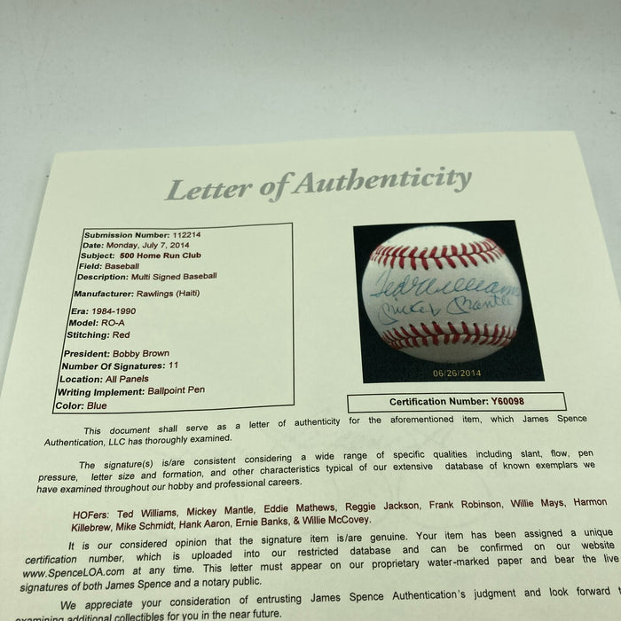 500 Home Run Signed Baseball Mickey Mantle Ted Williams Willie Mays 11 Sigs JSA
