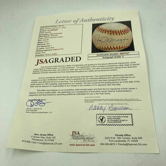 Beautiful Joe Dimaggio Signed American League Baseball JSA Graded MINT 9