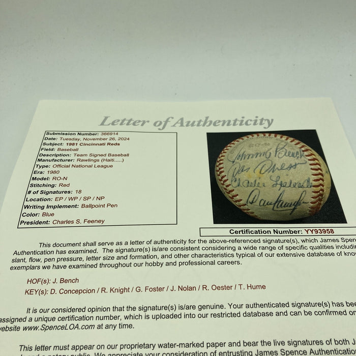 1981 Cincinnati Reds Team Signed National League Baseball Johnny Bench JSA COA