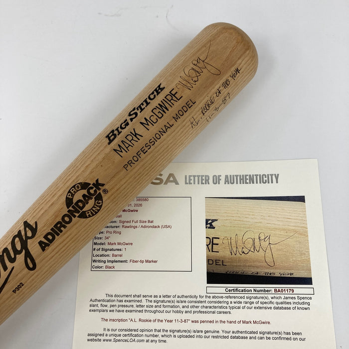Mark Mcgwire 1987 Rookie Signed Game Model Baseball Bat ROY JSA COA