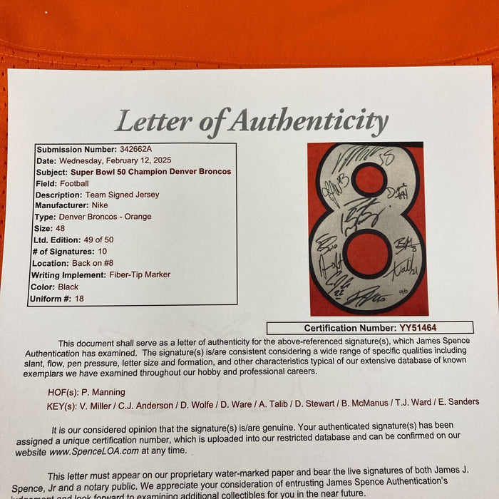 2015 Denver Broncos Super Bowl 50 Champs Team Signed Nike Game Jersey JSA COA