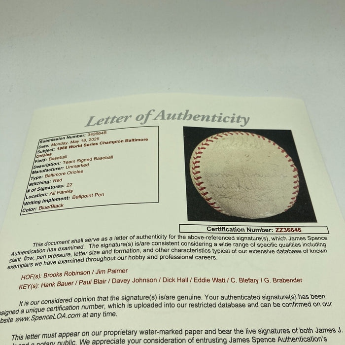 1966 Baltimore Orioles World Series Champs Team Signed Baseball JSA COA