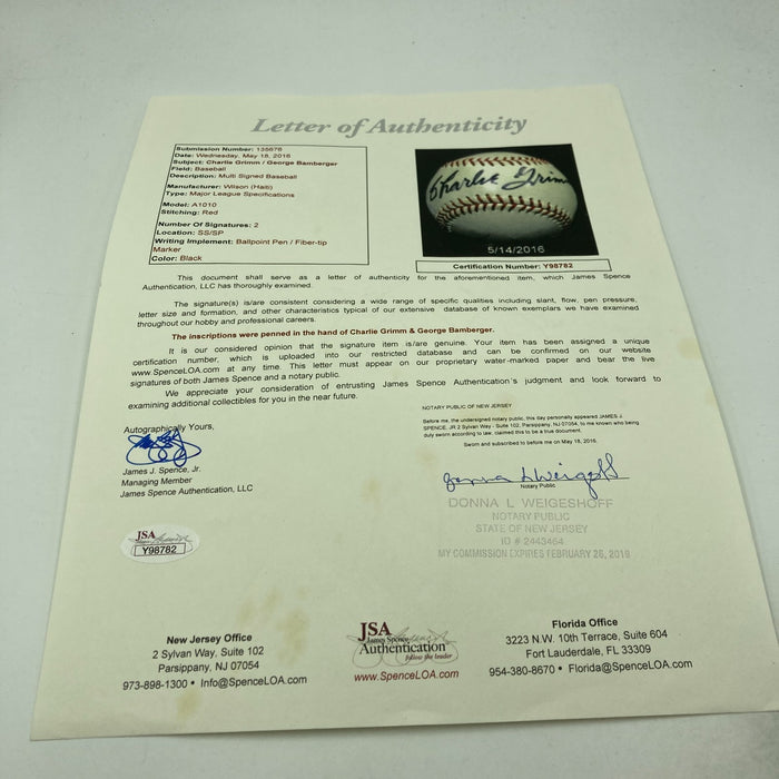 George Bamberger & Charlie Grimm Signed Vintage Baseball JSA COA