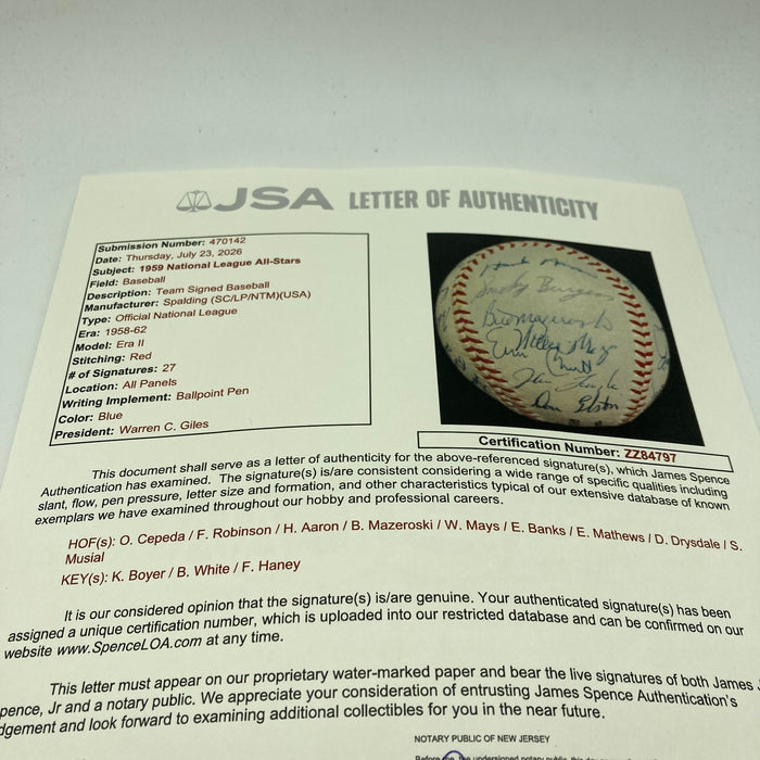 Stunning 1959 All Star Game Team Signed Baseball Hank Aaron Willie Mays JSA COA